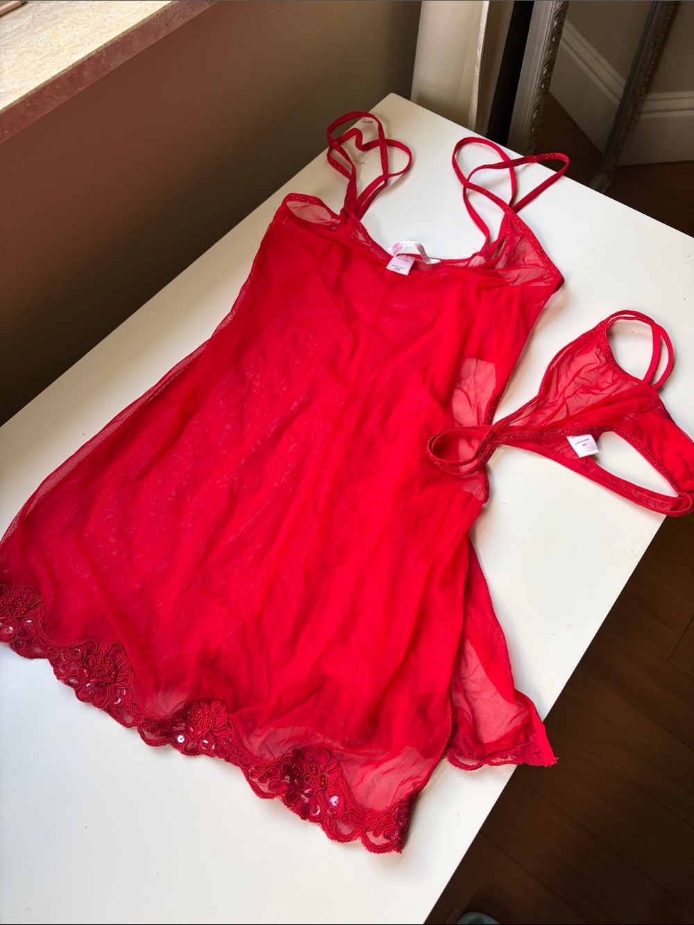 Victoria's Secret Red Sheer Lace Chemise with Matching Thong